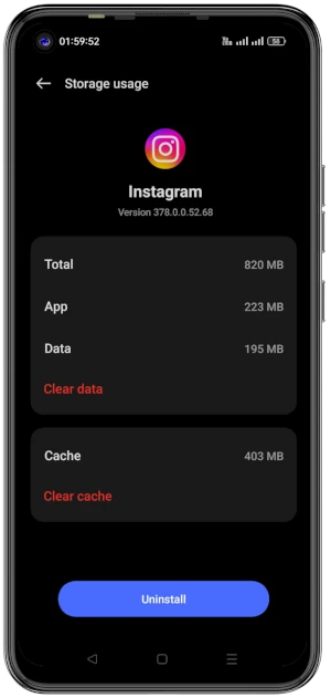 Screenshot showing how to clear app cache on Android to clean up storage and free up space