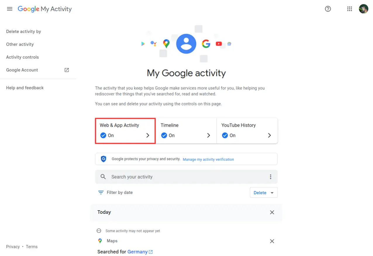 Tap on Web & App Activity to remove Google Maps Search History