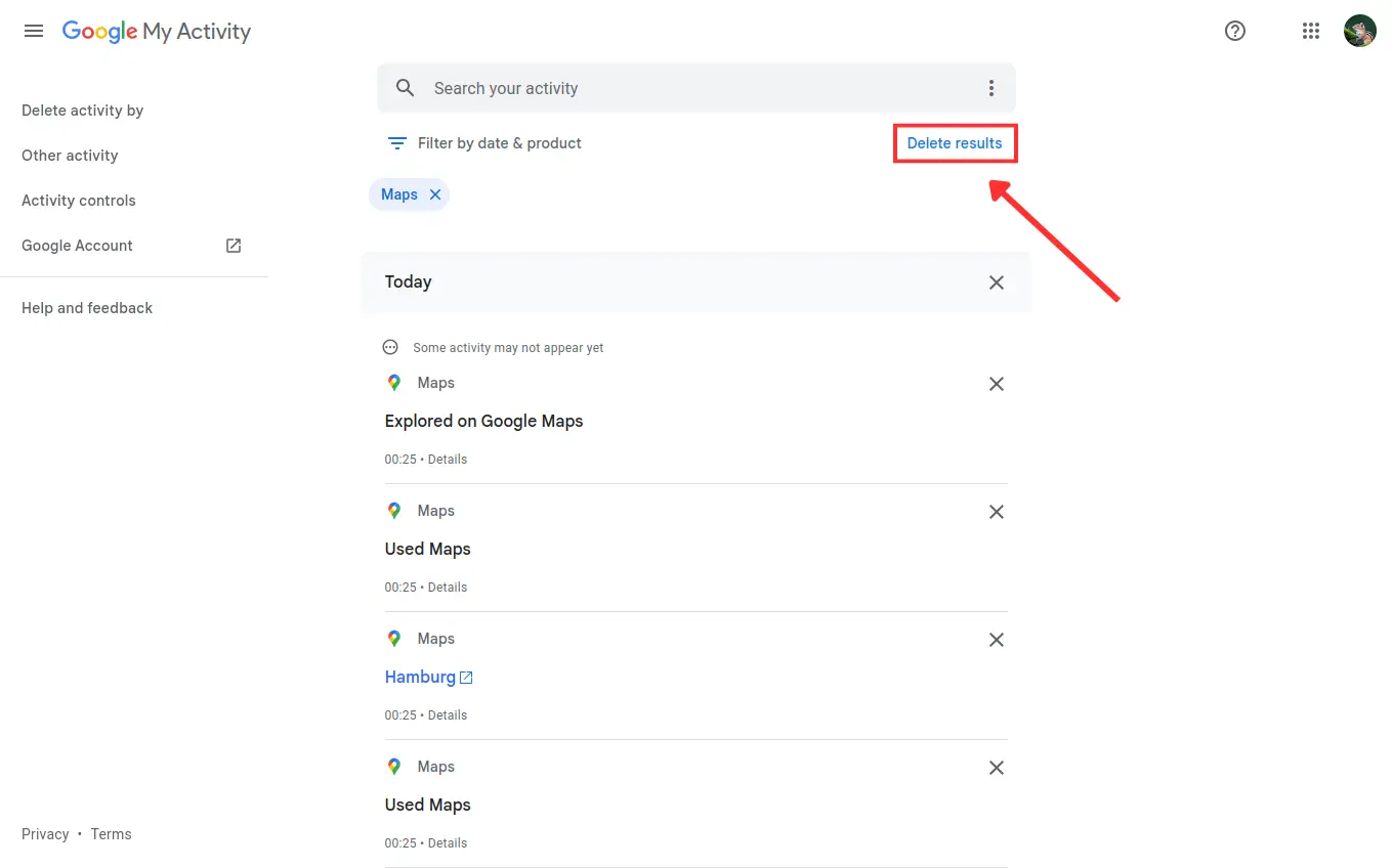 Delete Google Maps Search History