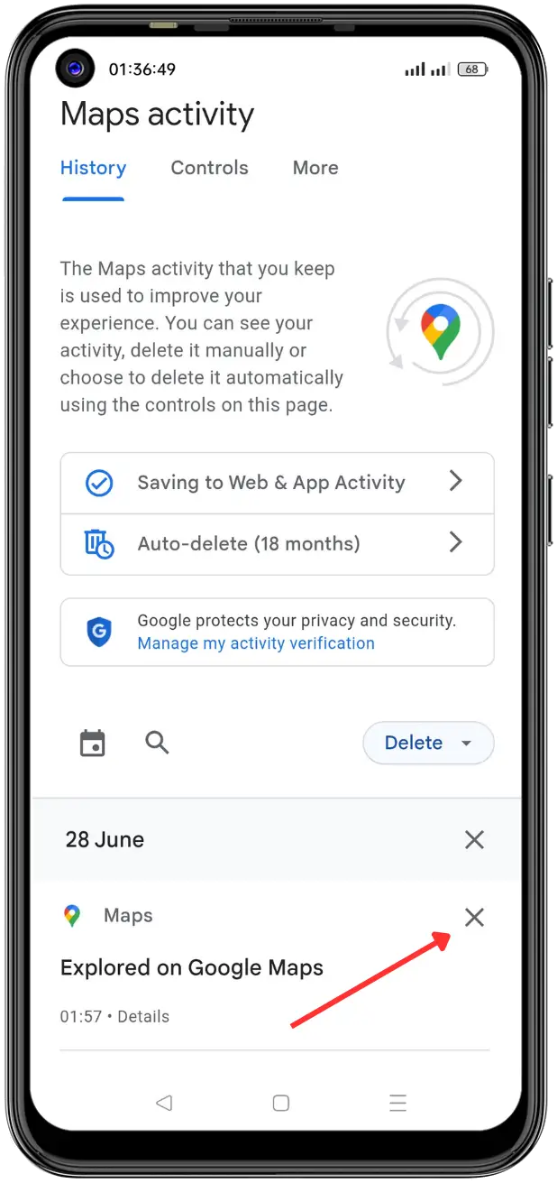 Delete Google Maps search history using the X icon.