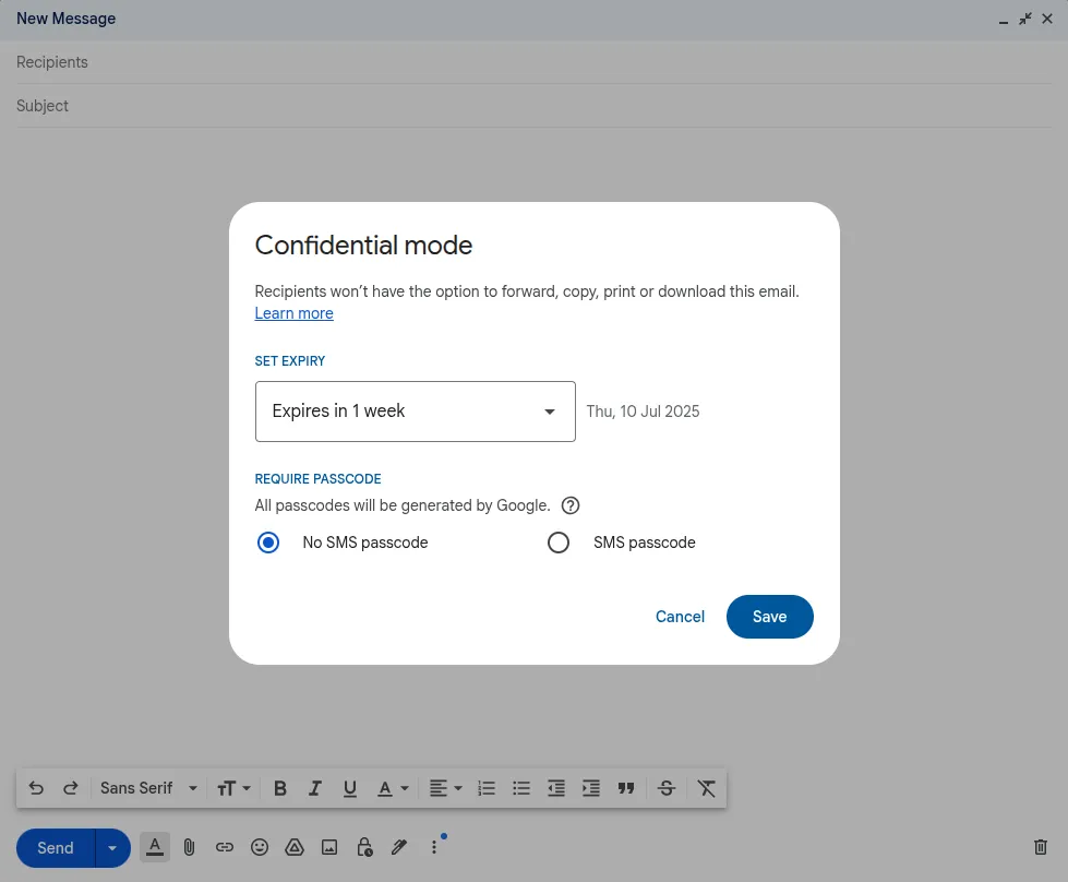 How to send encrypted email using Gmail confidential mode