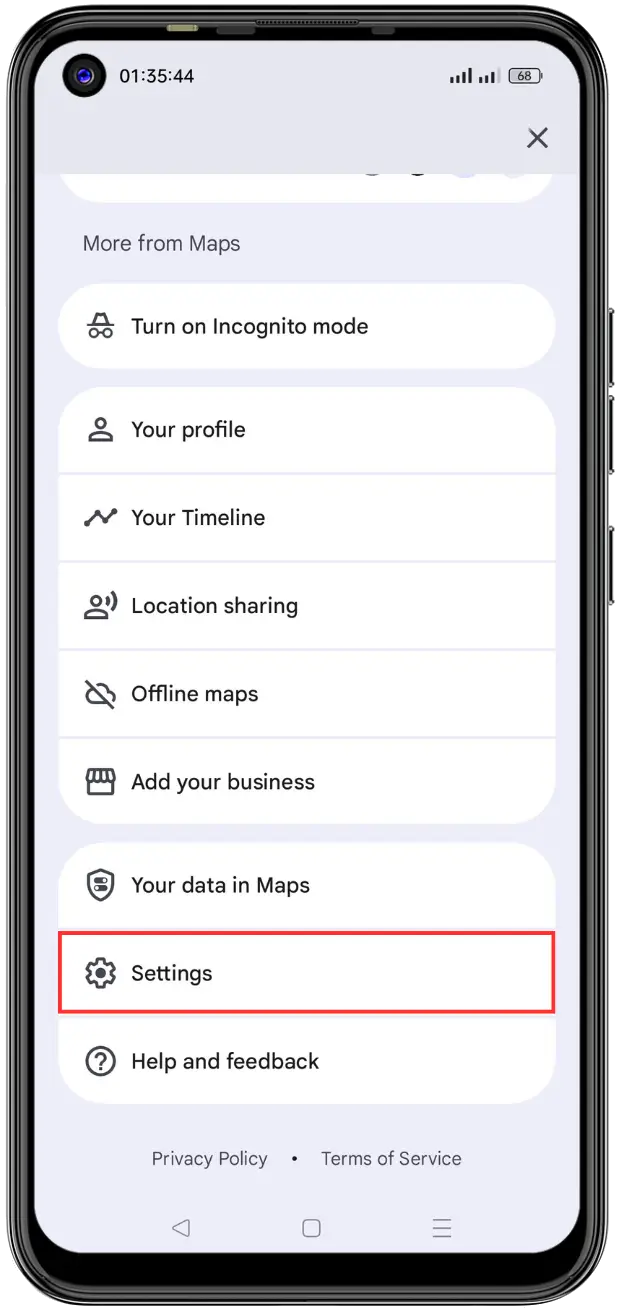 Open Settings in Google Maps to delete search history