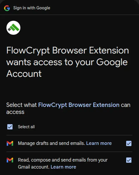 Granting Gmail permissions for FlowCrypt encryption