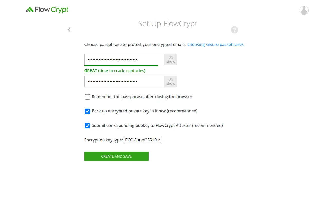 Entering passphrase to secure FlowCrypt encryption key