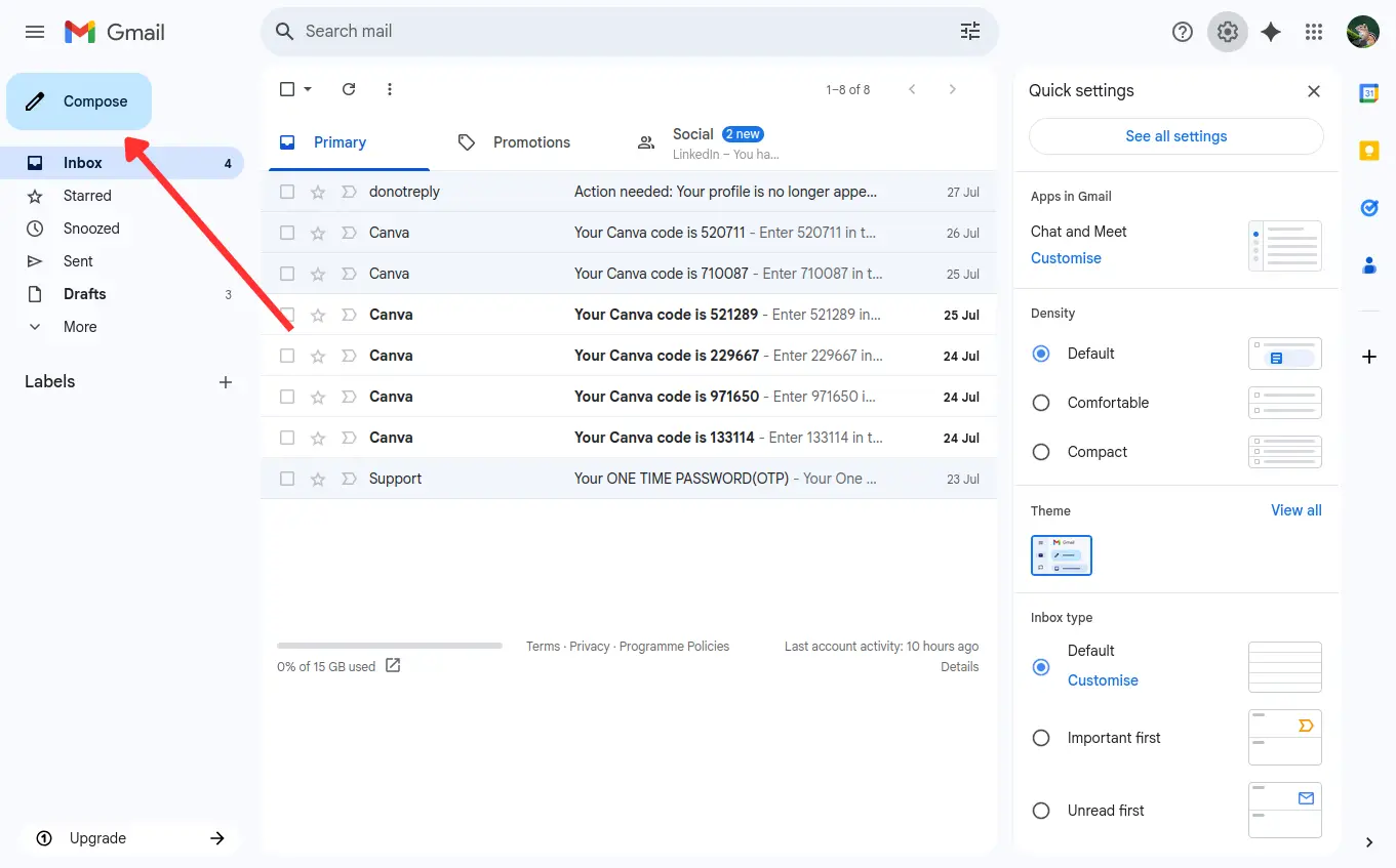 Opening Gmail and clicking the Compose button