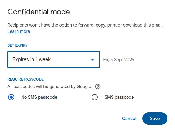 Setting expiration date and passcode in Gmail confidential mode
